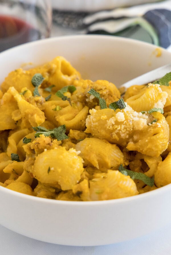 close up pumpkin pasta in a bowl