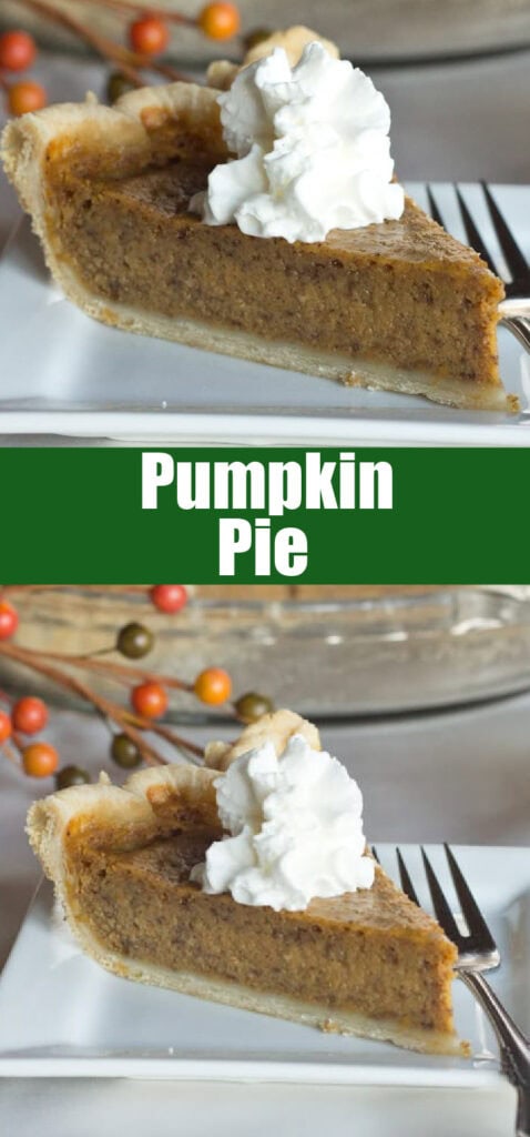 slices pumpkin pie on a white plate with whipped cream