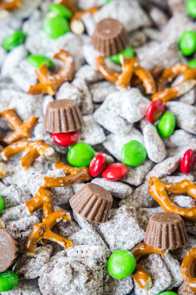 Christmas muddy buddies on a baking tray