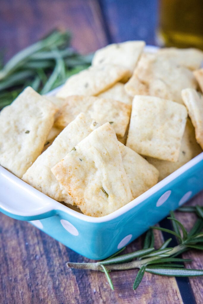 close up of homemade crackers in a bowl