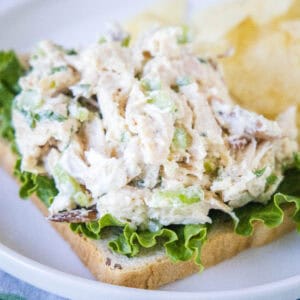 close up rotisserie chicken salad on a slice of bread