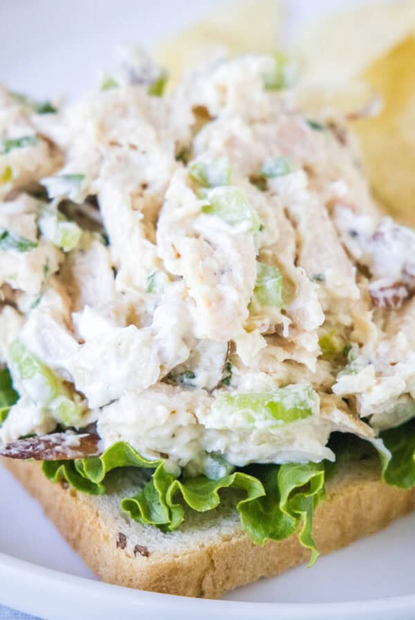 close up rotisserie chicken salad on a slice of bread