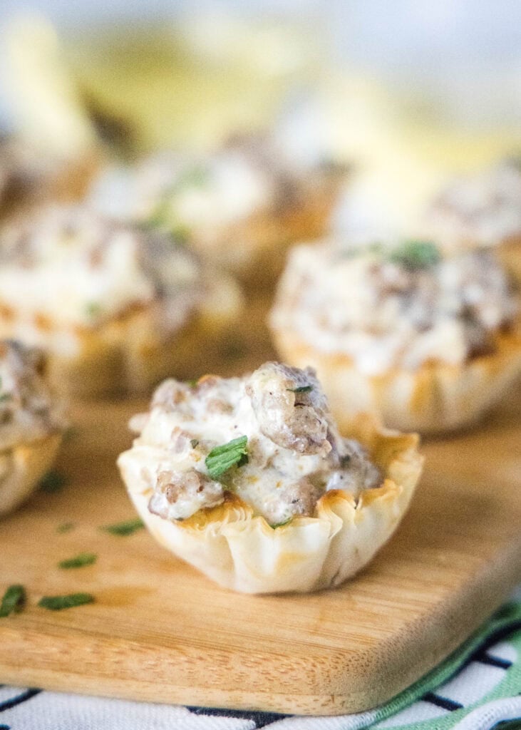 closeup of cheesy sausage bite