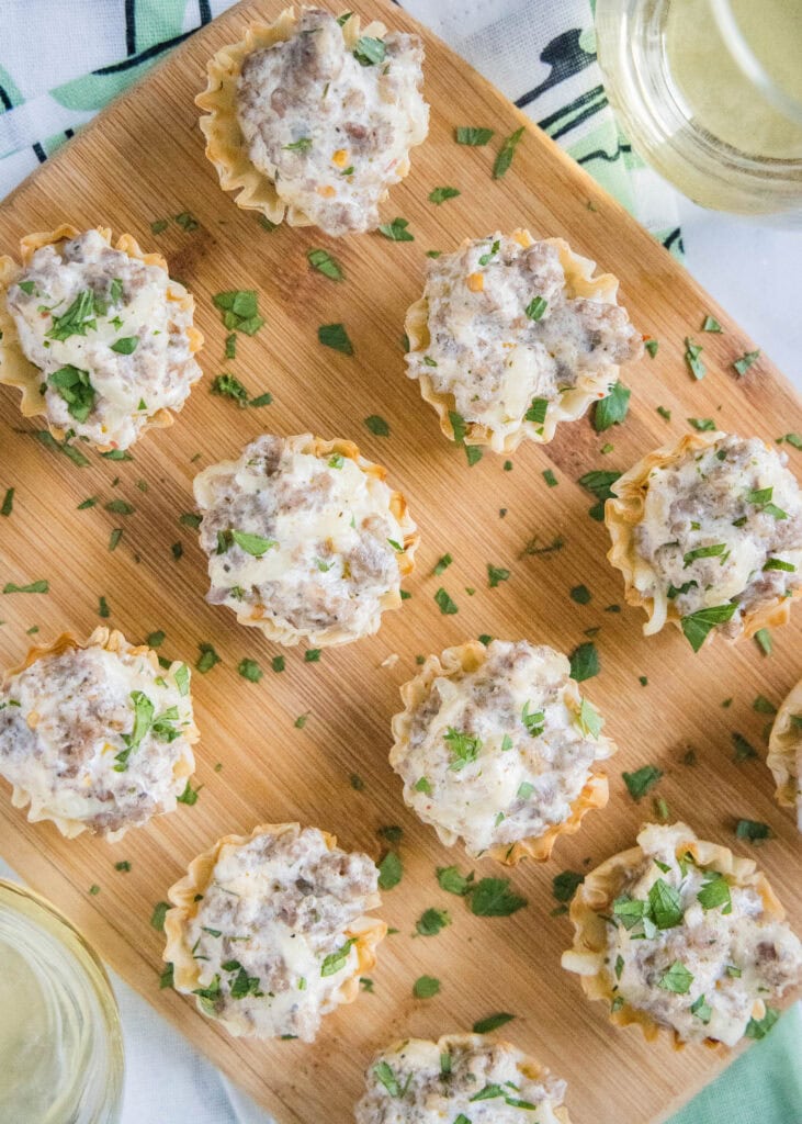 looking down on tray with sausage bites