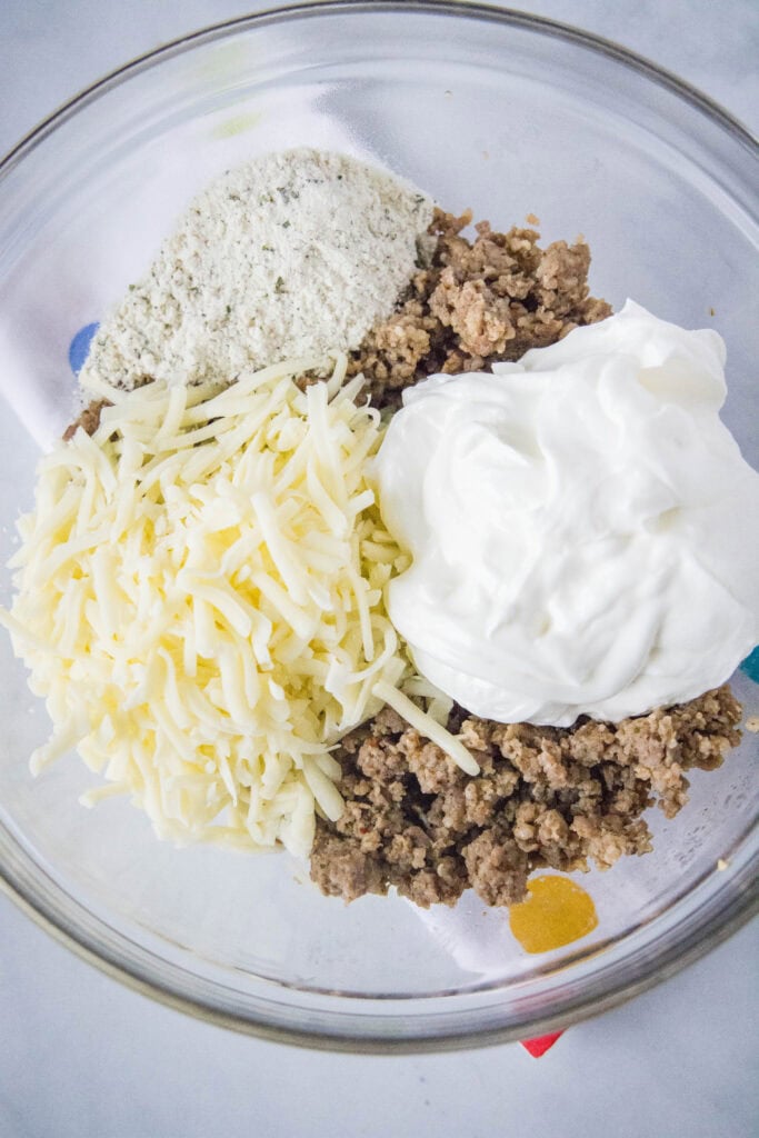 sausage bite filling in a mixing bowl