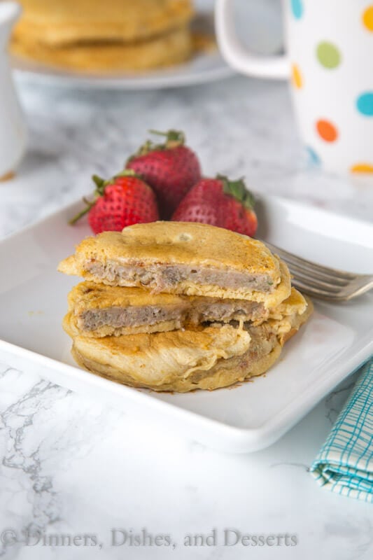 Whisk together flours, baking powder, baking soda, and sugar. In a separate bowl beat eggs, and mix in milk. Combine wet and dry ingredients. Stir until combined. 