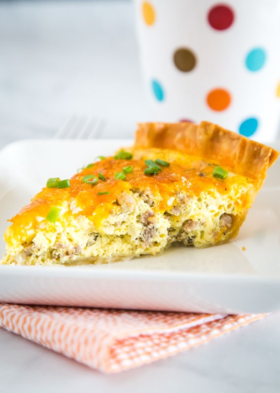 Quiche is such an easy brunch or dinner recipe. This version is full of breakfast sausage, cheese and onions.