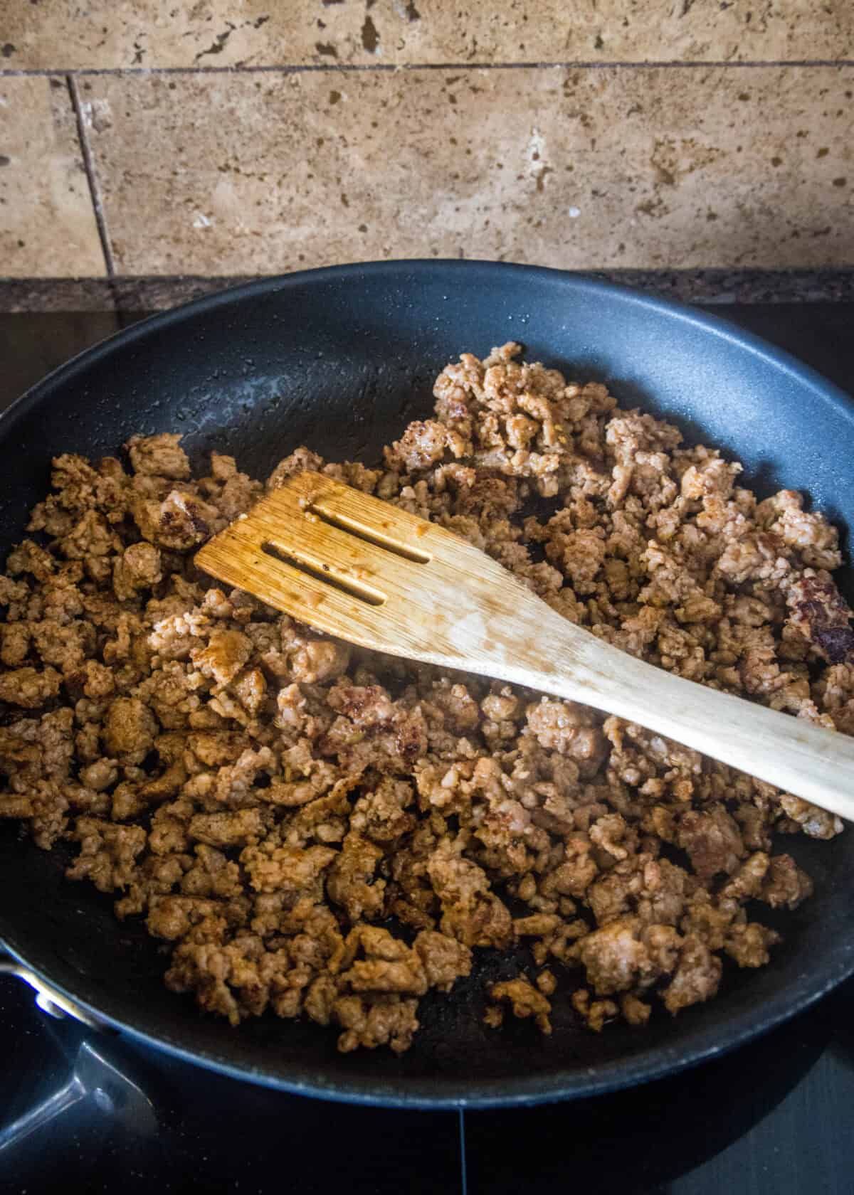 cooked sausage in a skillet