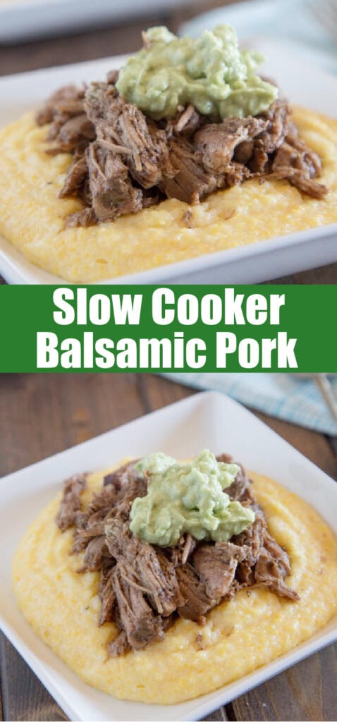 shredded pork over a bed of polenta and topped with avocado