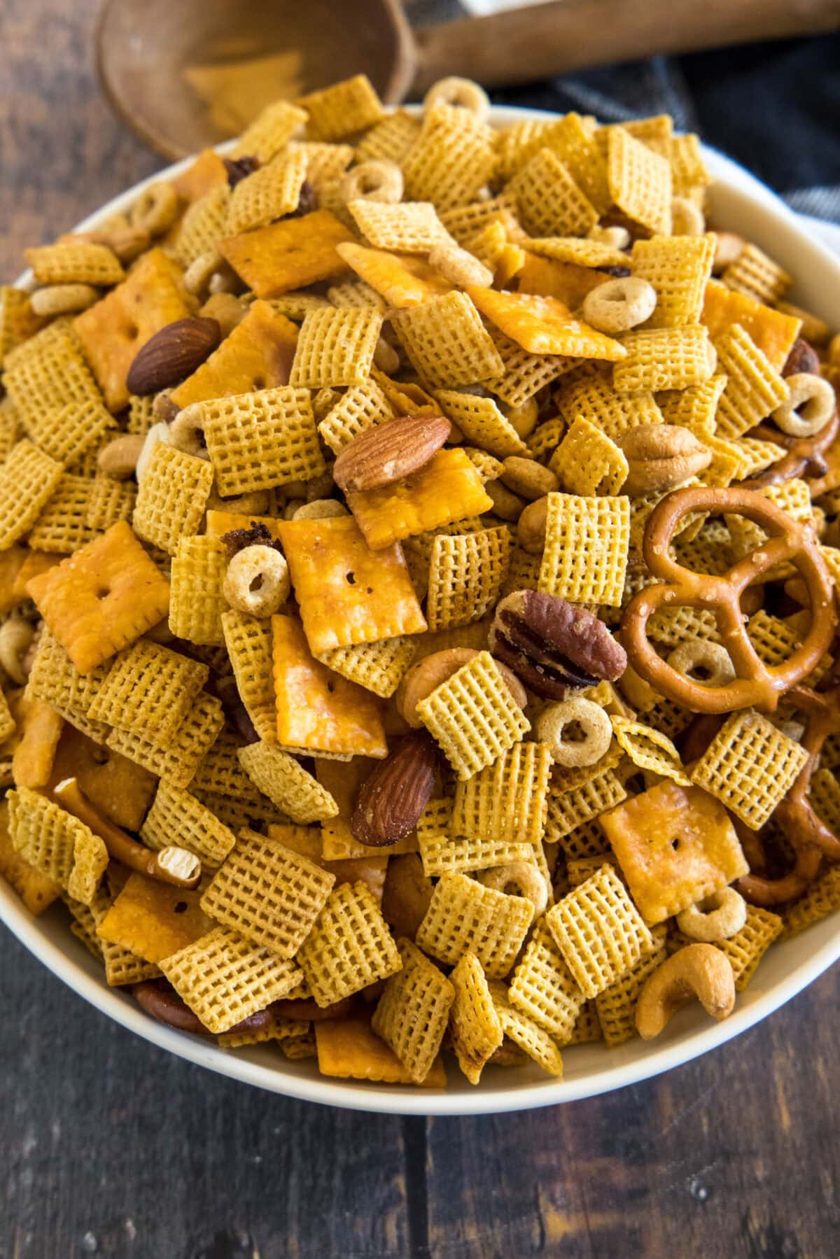 looking down on a bowl of slow cooker chex mix