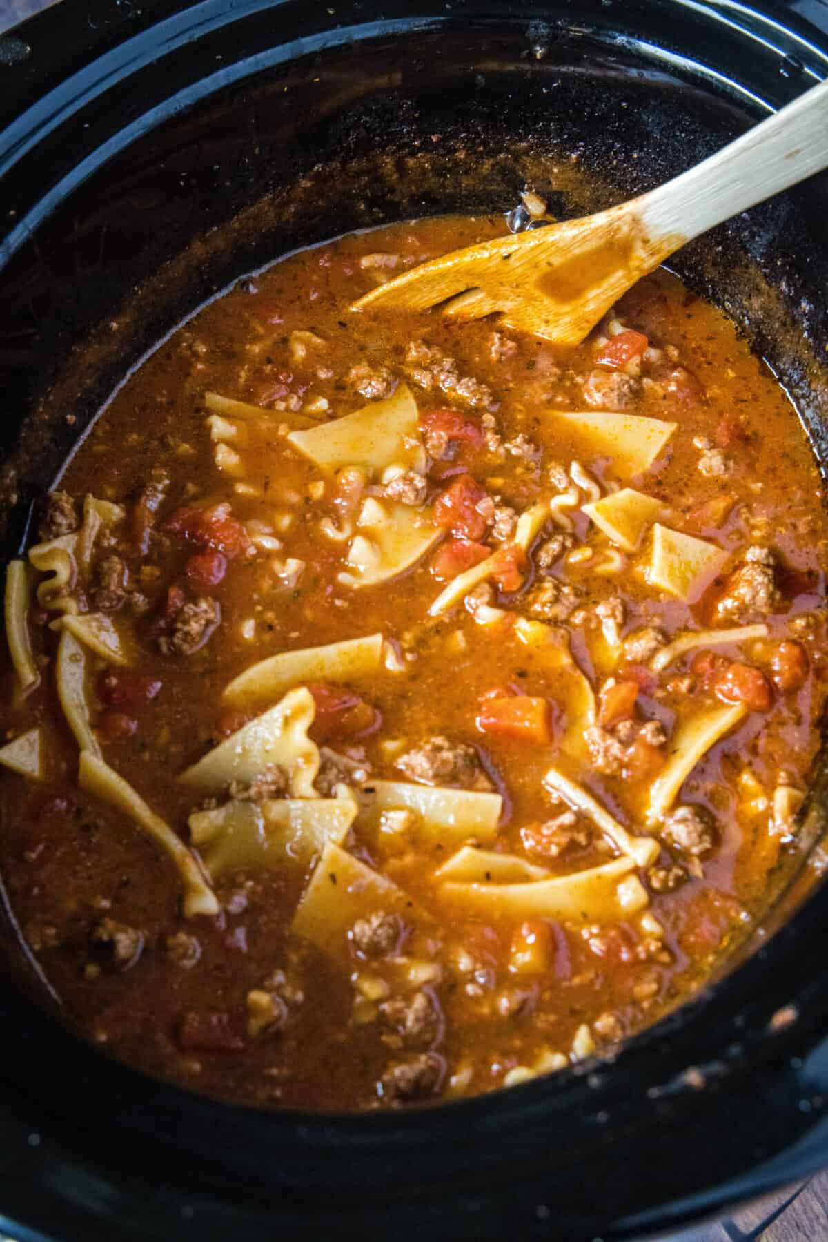 slow cooker lasagna soup in slow cooker