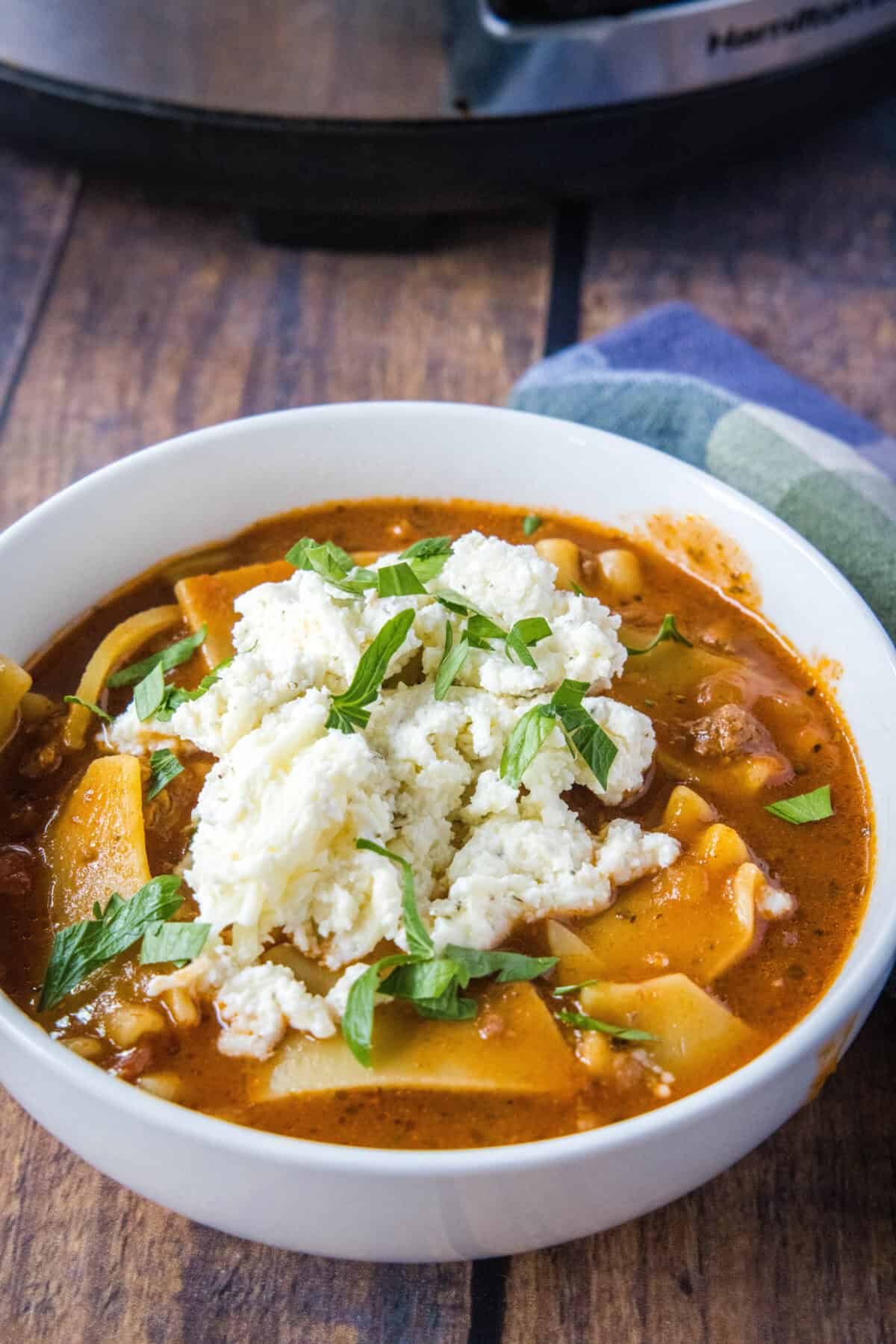 lasagna soup in a white bowl