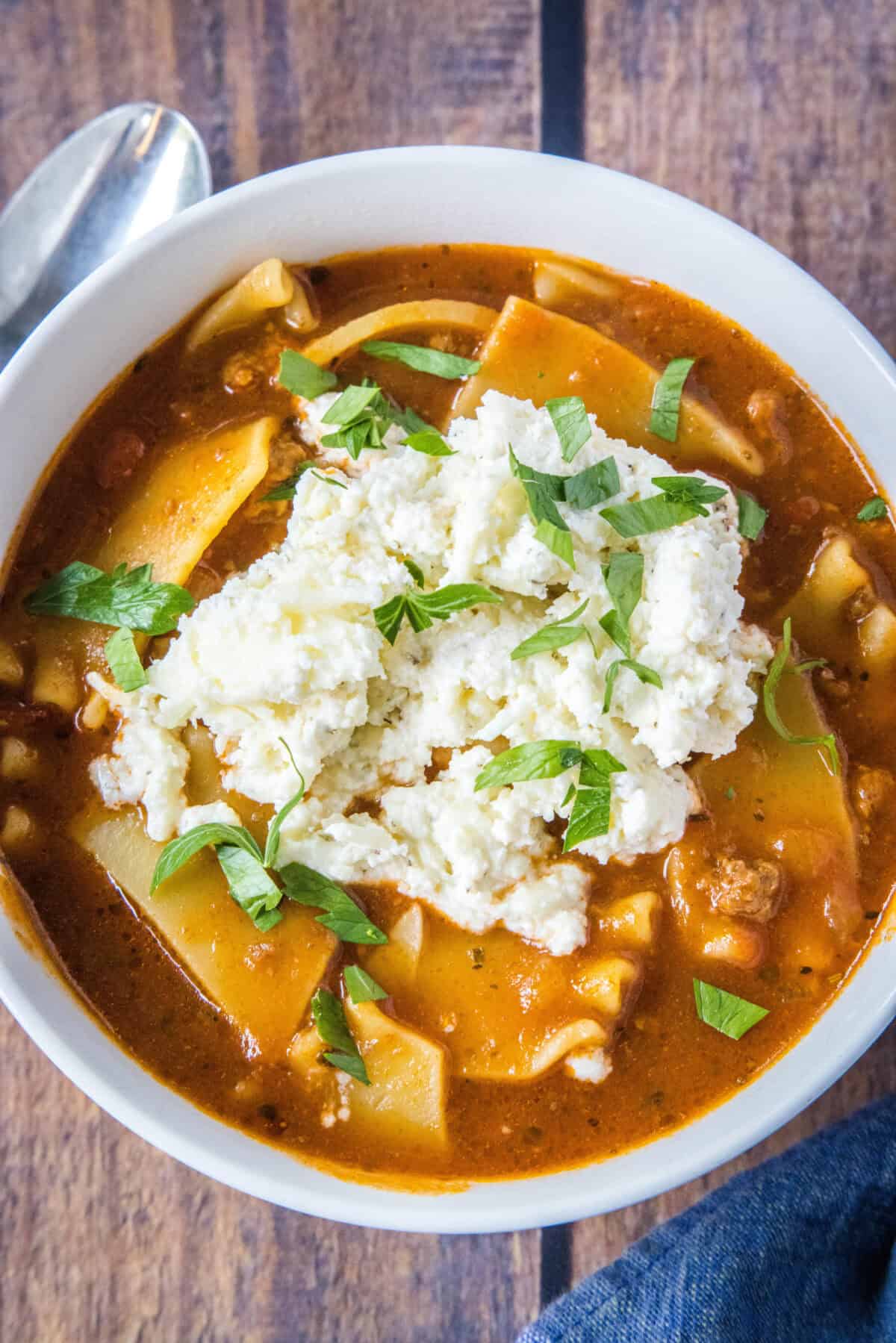looking down on bowl of lasagna soup