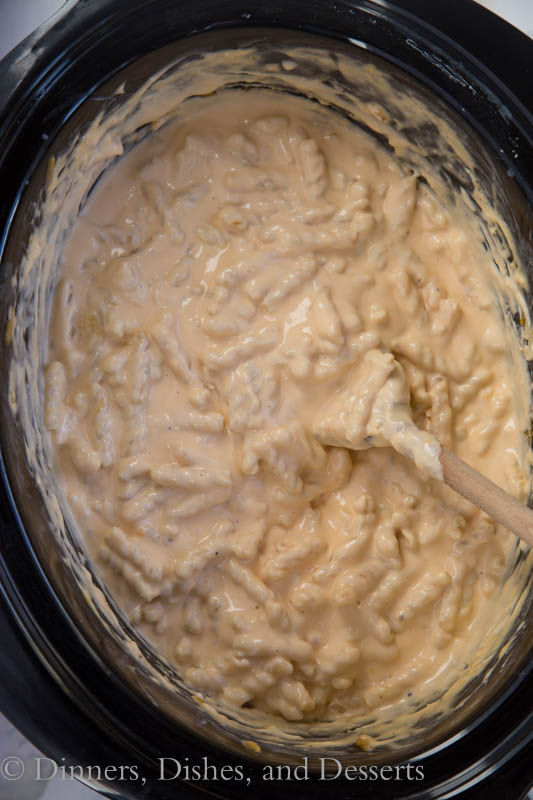 slow cooker mac and cheese in process