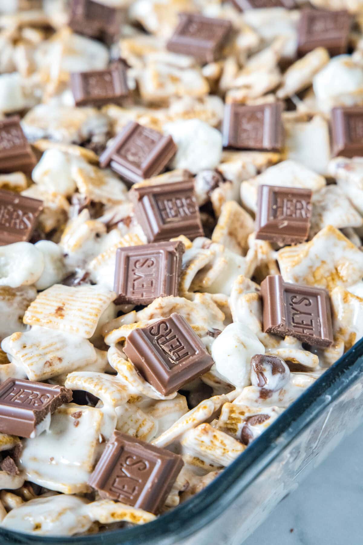 S'mores krispie treats in a baking dish