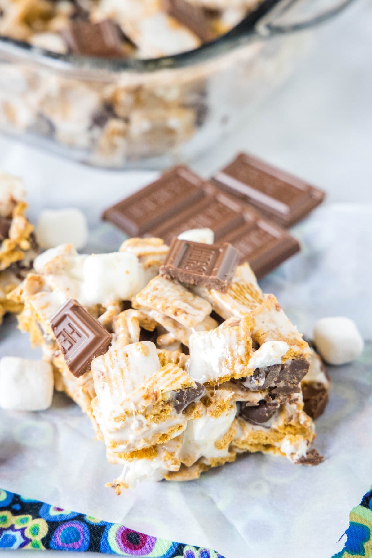 s'mores krispie treats sliced on counter