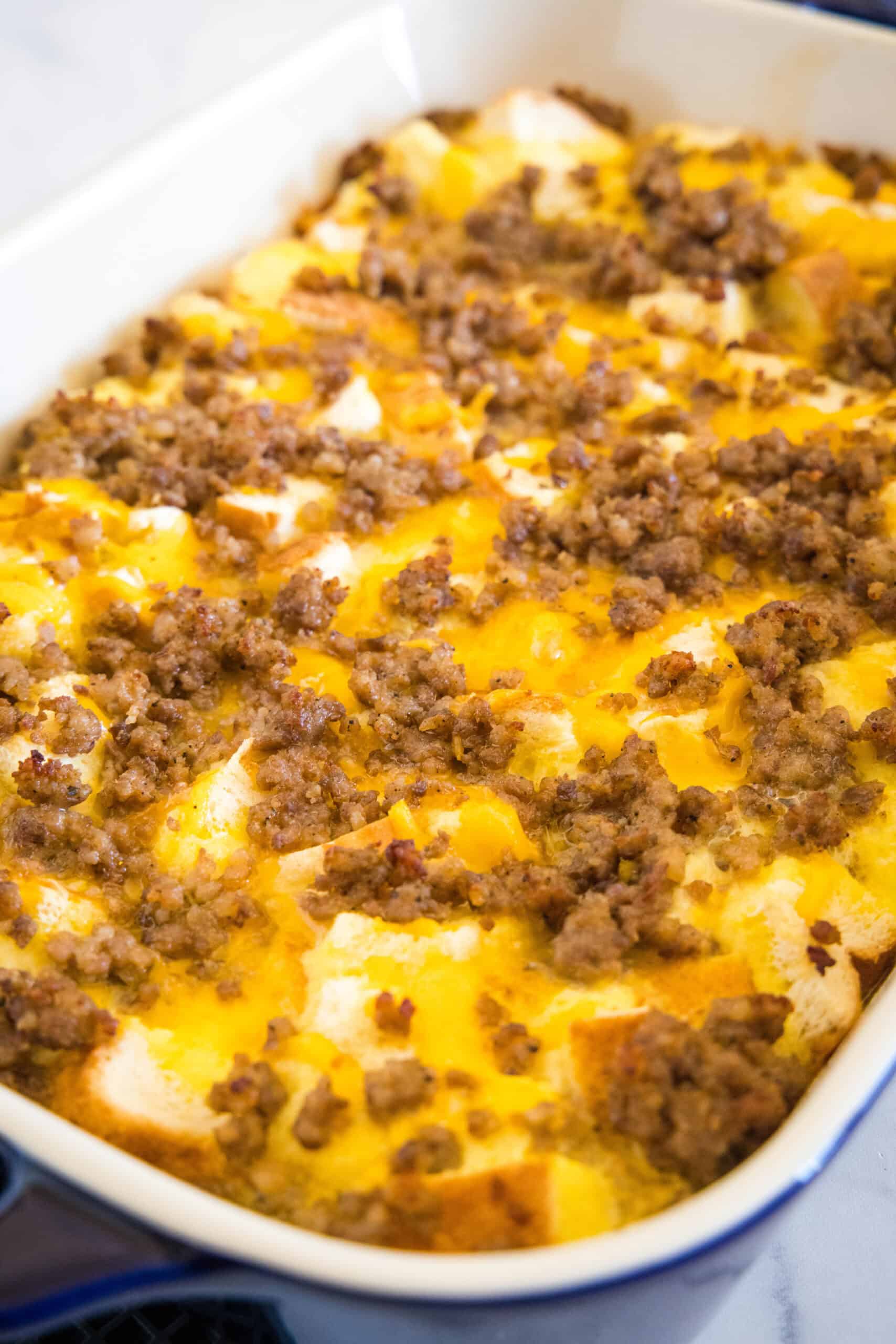 Sourdough breakfast casserole in a baking dish.