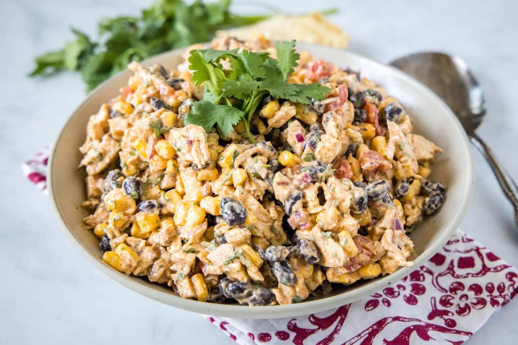A bowl of southwest chicken salad topped with cilantro, next to a spoon