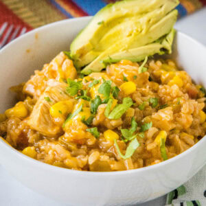 close up mexican chicken rice skillet in a bowl