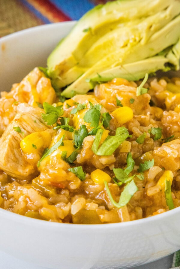 close up mexican chicken rice skillet in a bowl