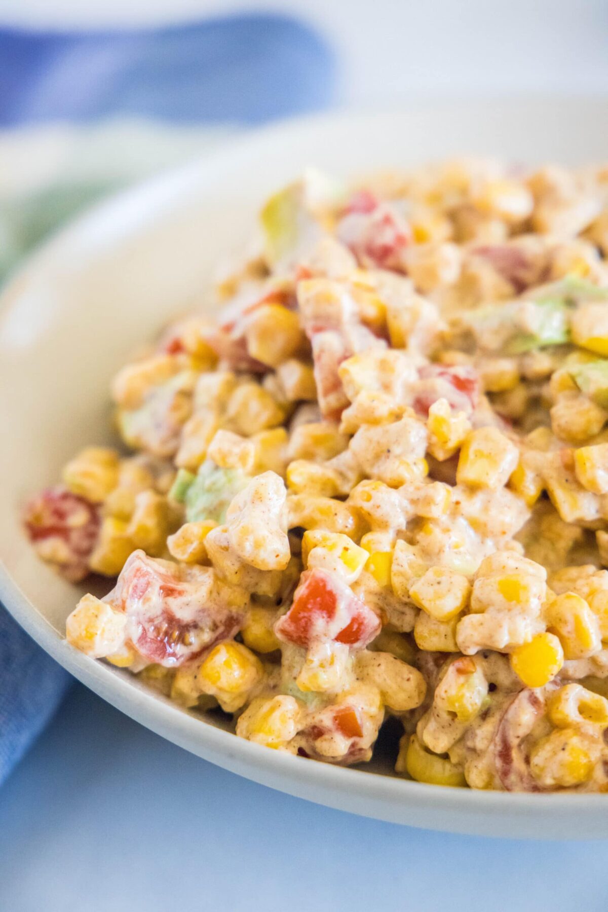 Close up of a bowl of corn salad