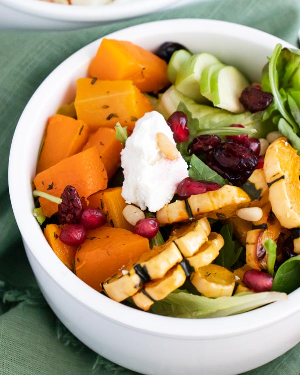 looking down on bowl of salad