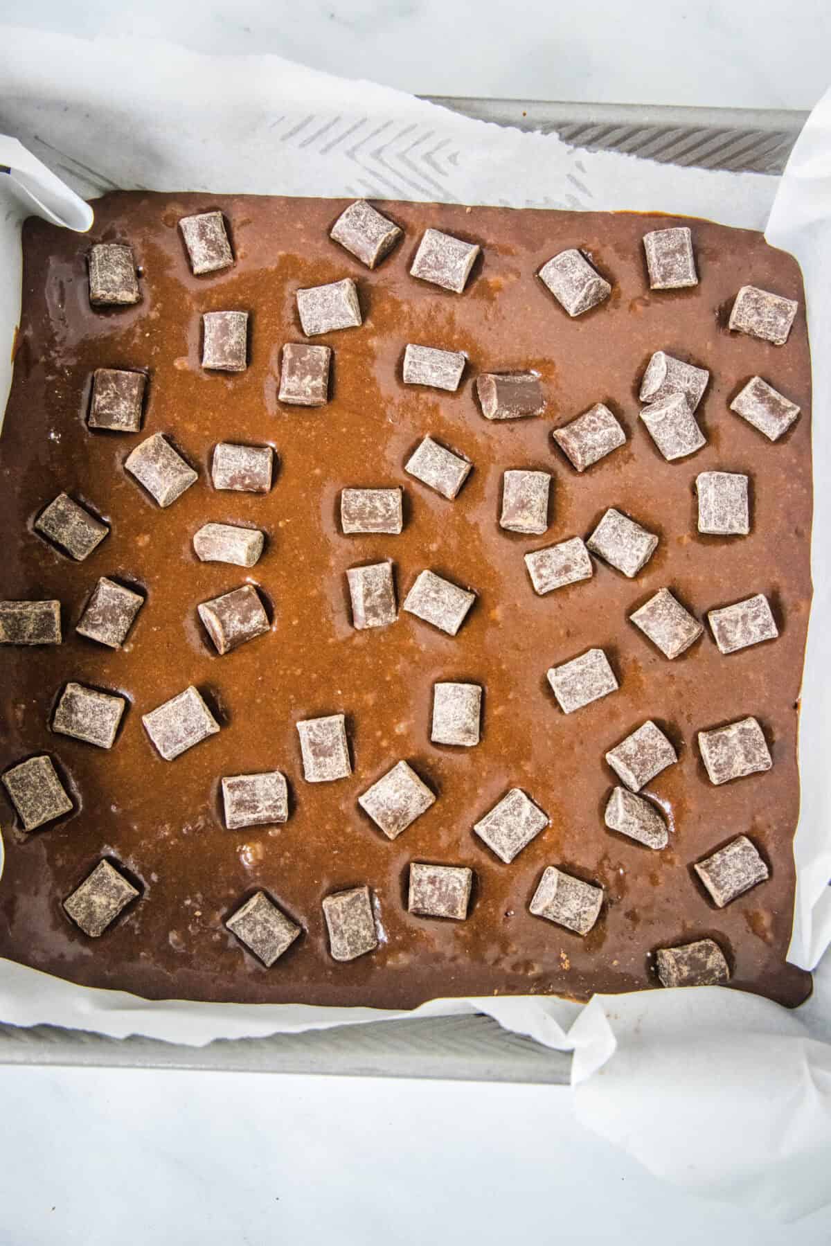 chocolate chunk brownies ready for the oven