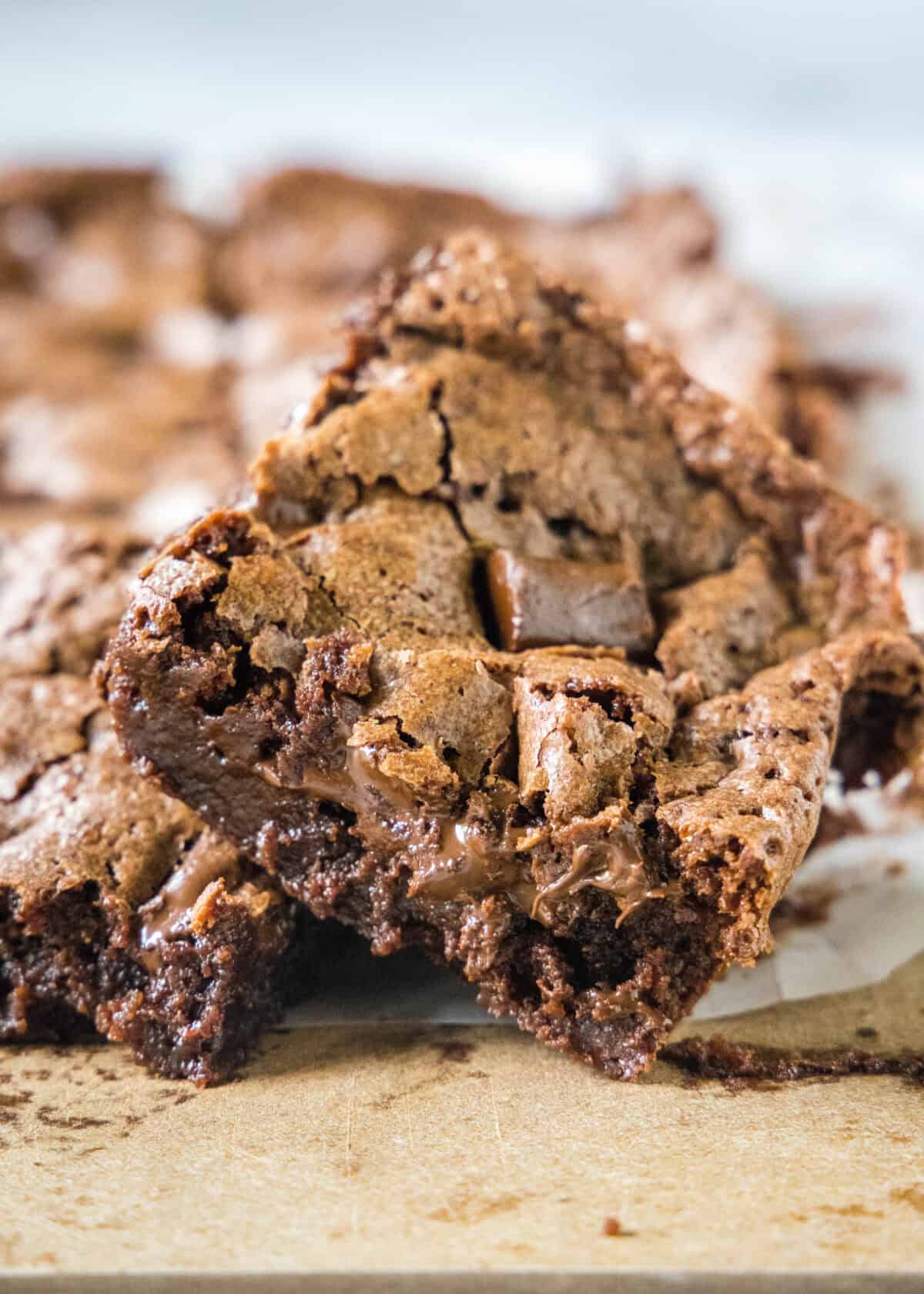 chocolate chunk brownie on cuttin board