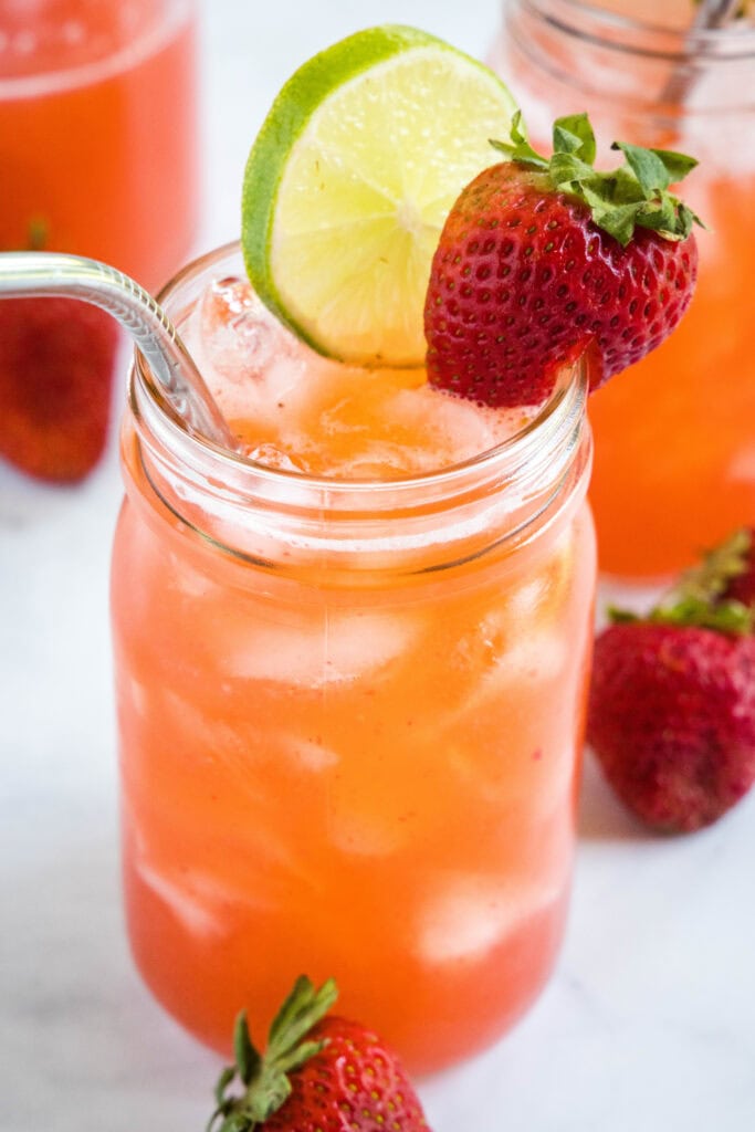 strawberry agua fresca in a mason jar