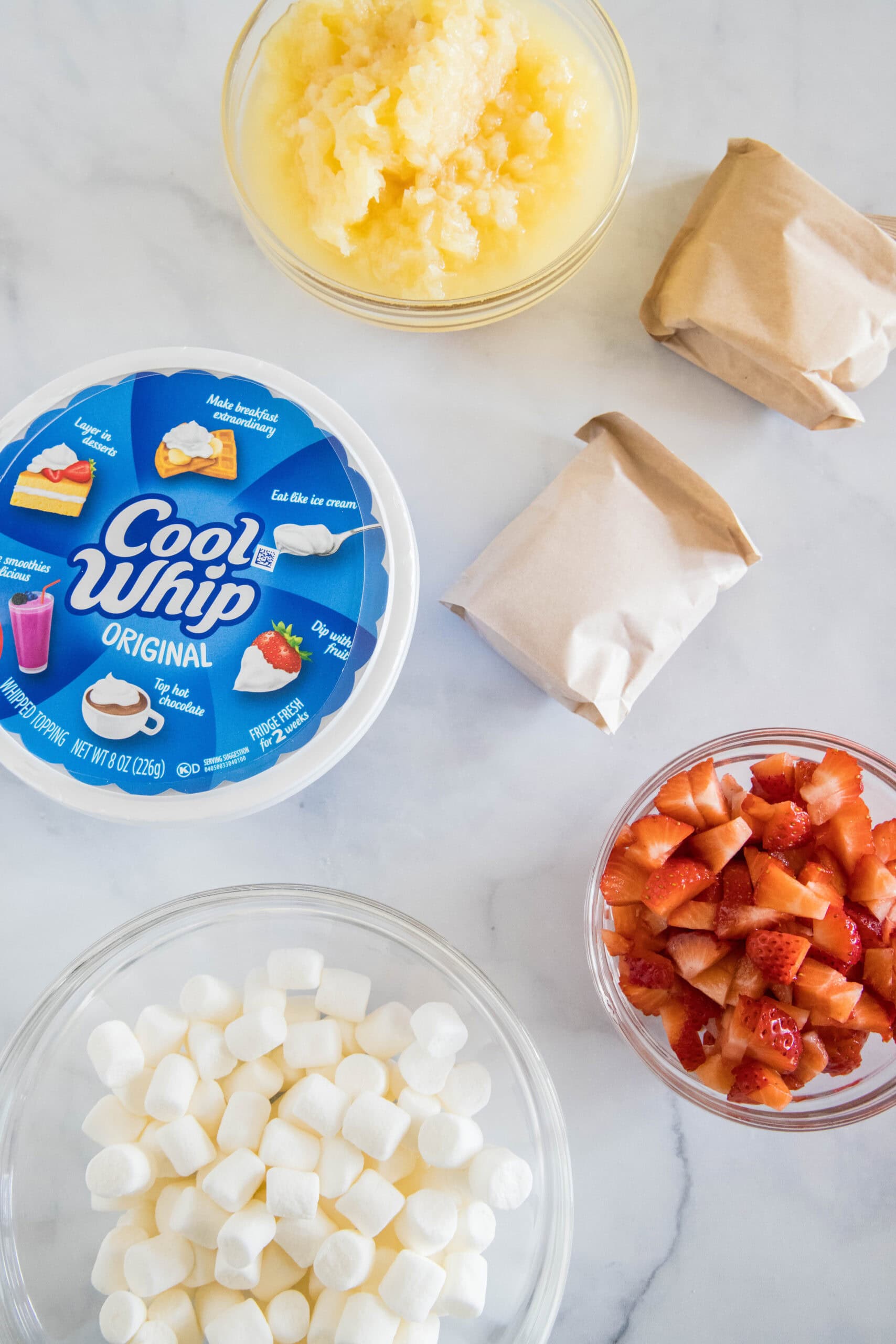 Ingredients for strawberry fluff salad.
