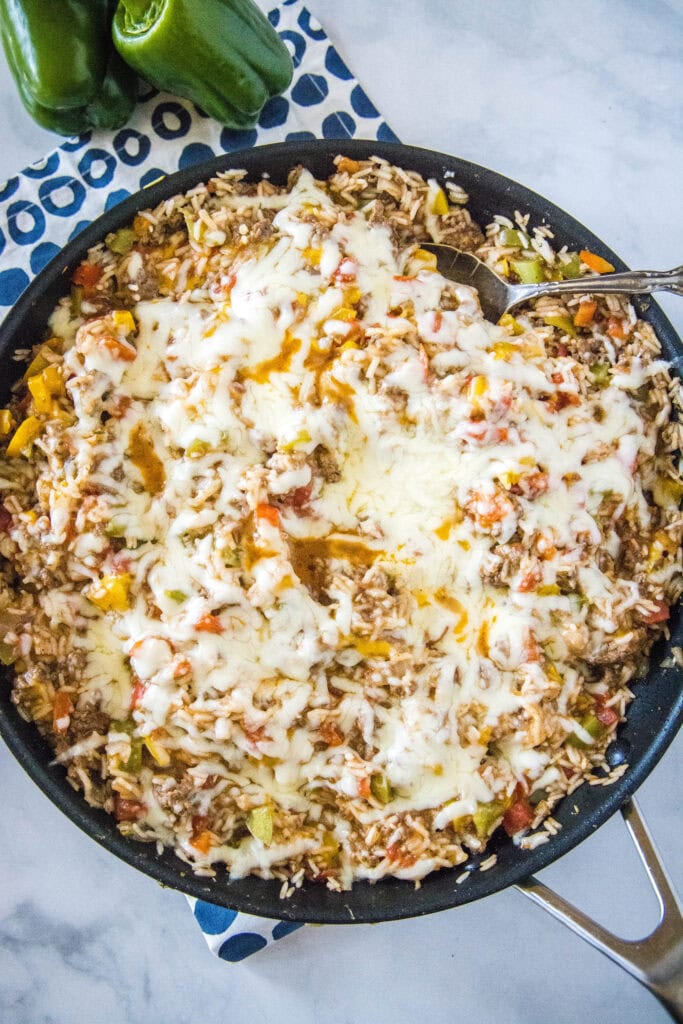 looking down on stuffed pepper casserole in a skillet