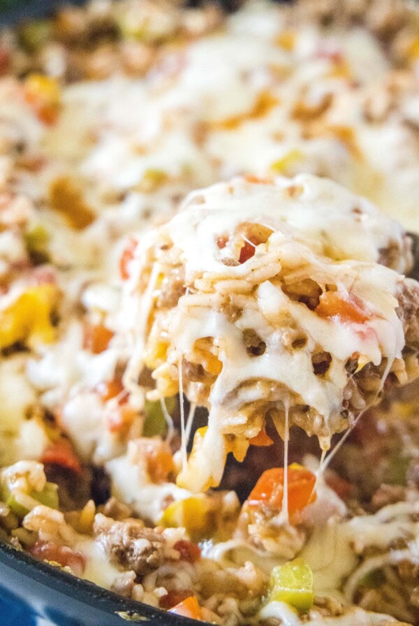 close up spoonful of unstuffed pepper casserole