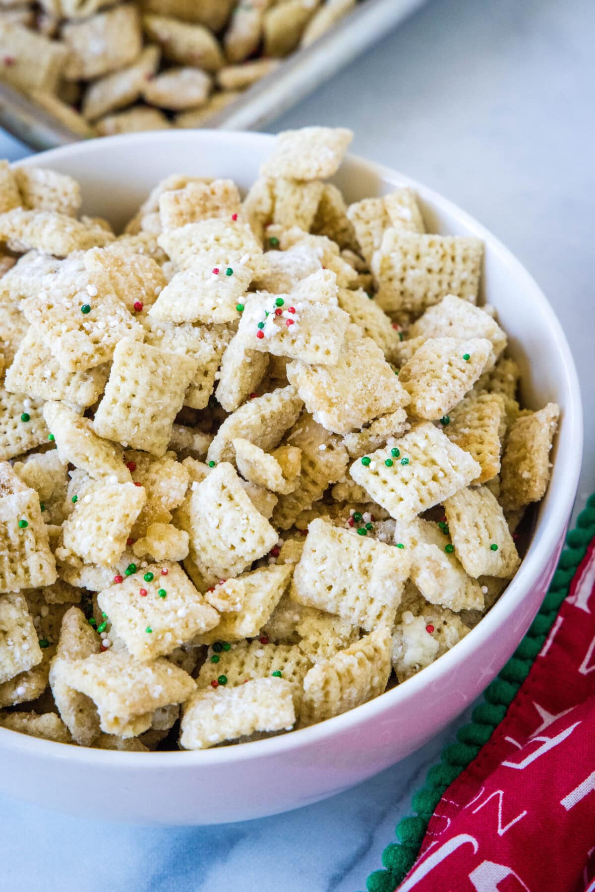 looking down on a bowl of sugar cookie chex mix