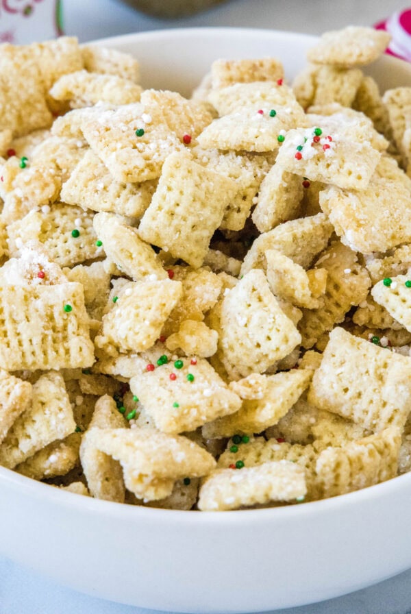 close up bowl of sugar cookie chex mix