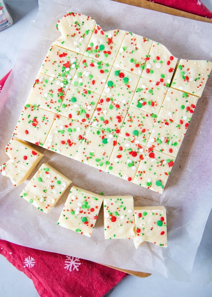 sliced sugar cookie fudge on a board