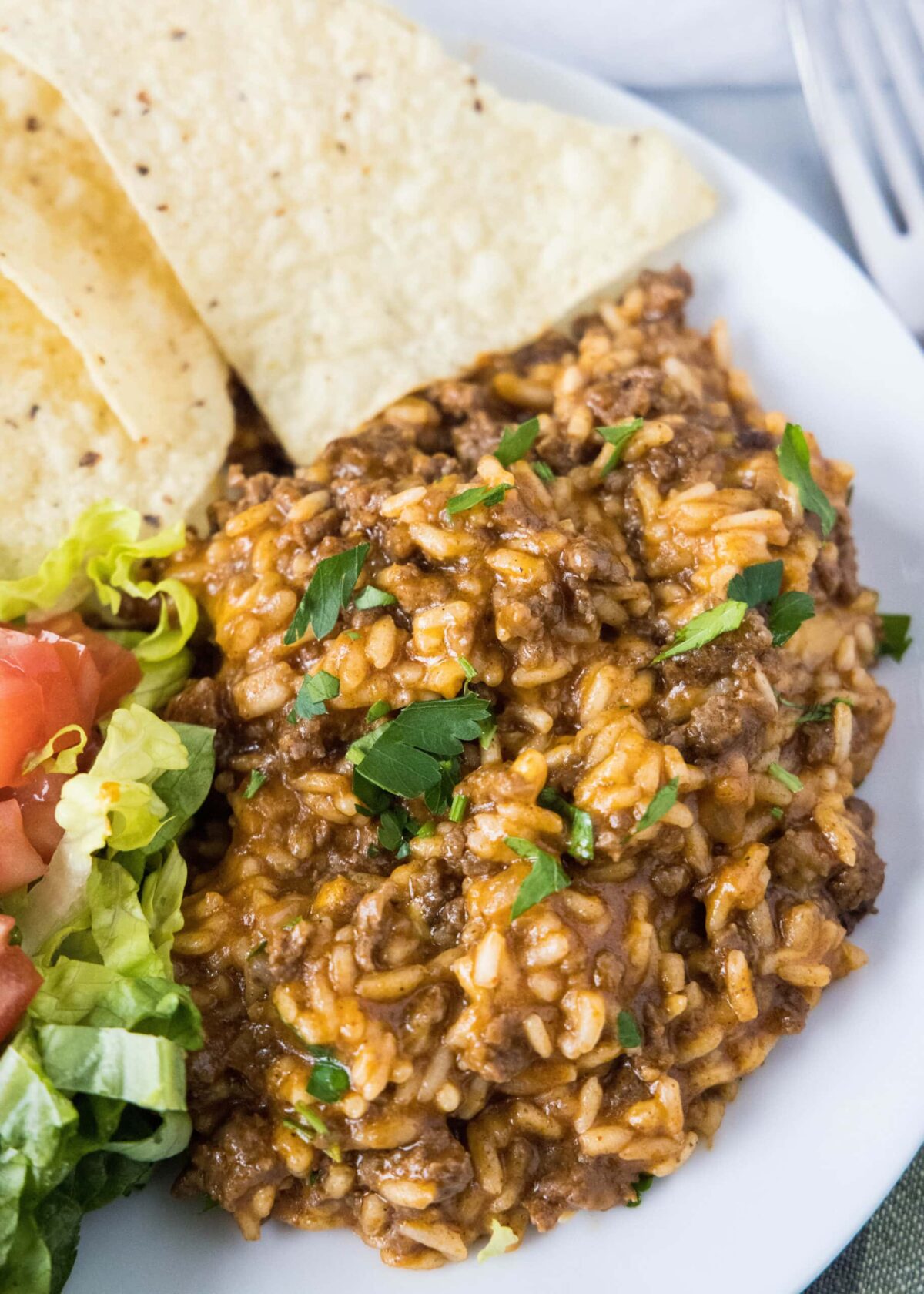 Overhead view of taco rice on a plate, topped with cilantro, next to tortilla chips and a salad of lettuce and tomatoes
