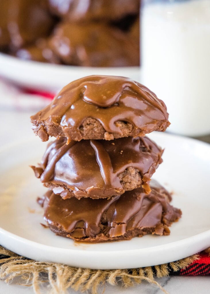 sheet cake cookies stacked on a white plate
