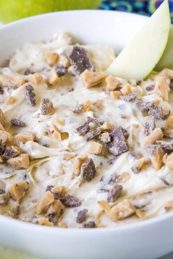 cropped close up toffee apple dip in bowl
