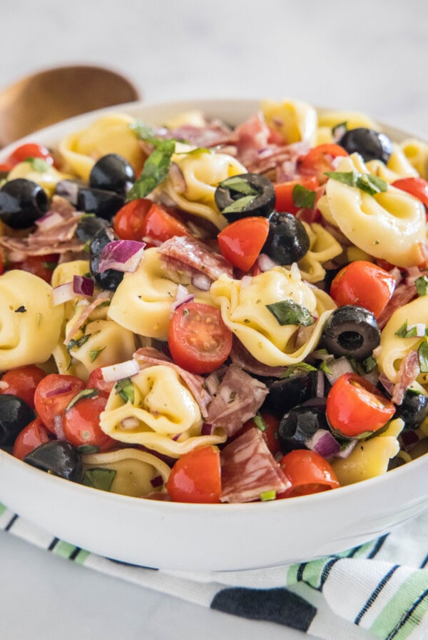 Tortellini pasta salad in a white bowl.
