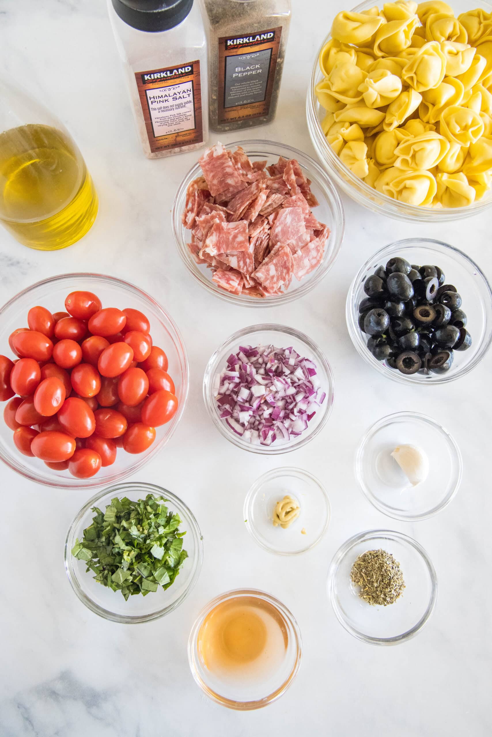 Ingredients for tortellini pasta salad.