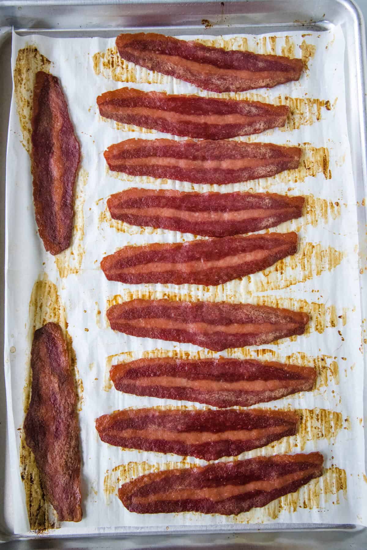 cooked turkey bacon on a sheet pan