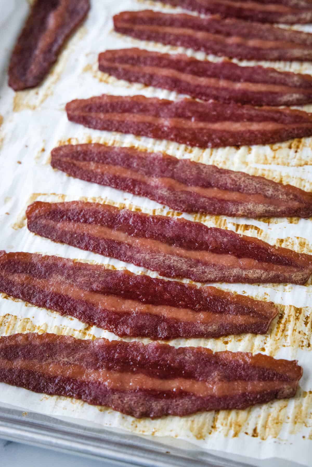 turkey bacon cooked on a sheet pan