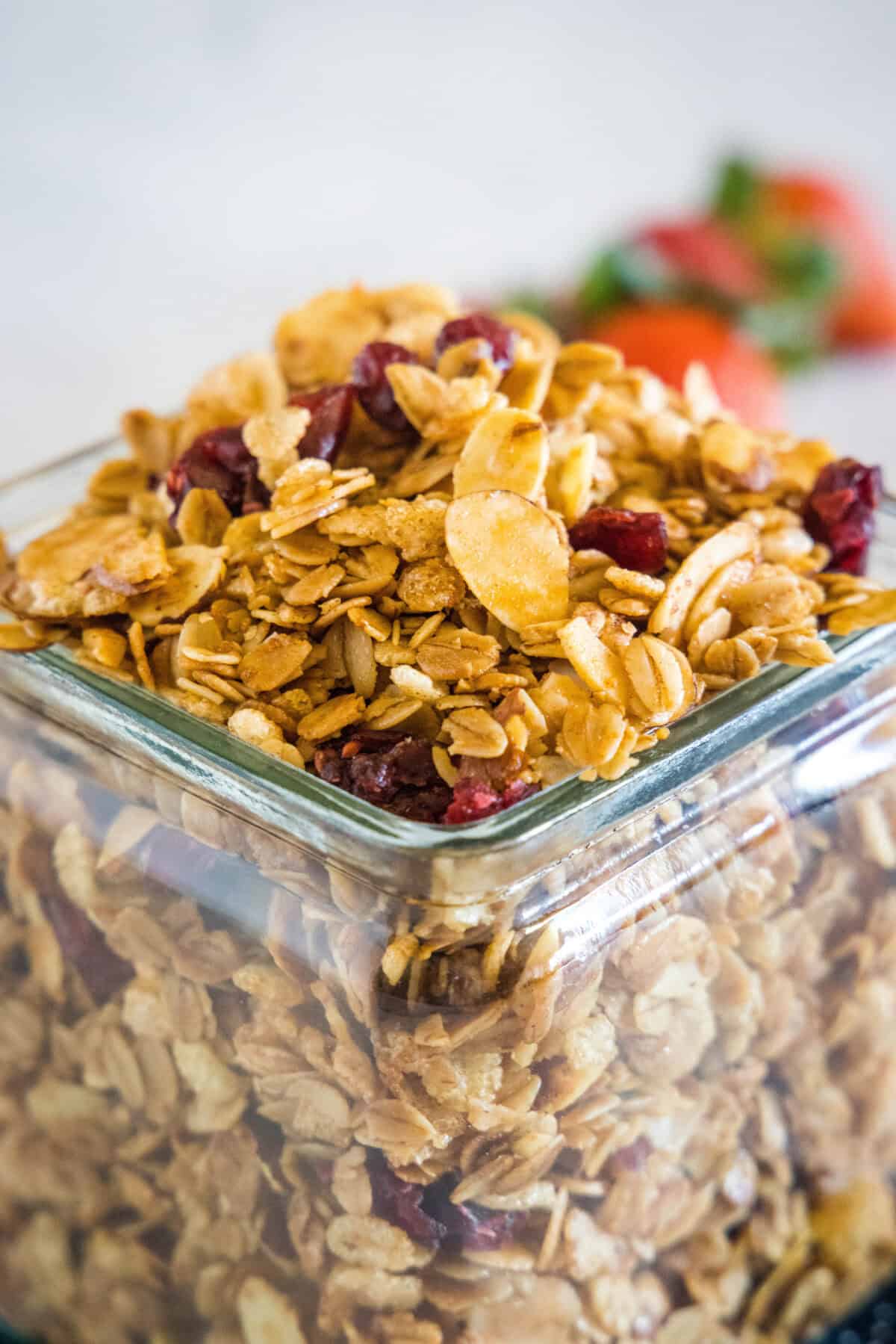 vanilla almond granola in a glass jar