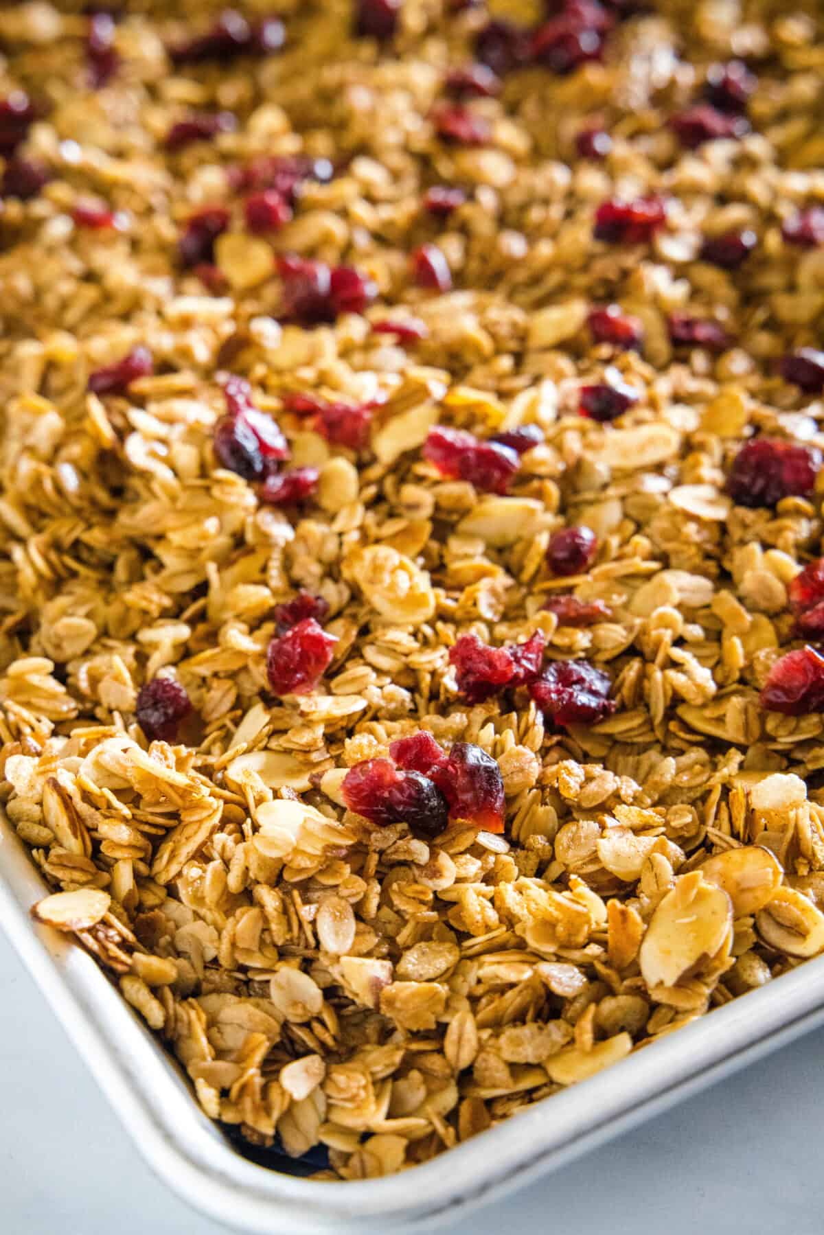 baked vanilla granola topped with cranberries