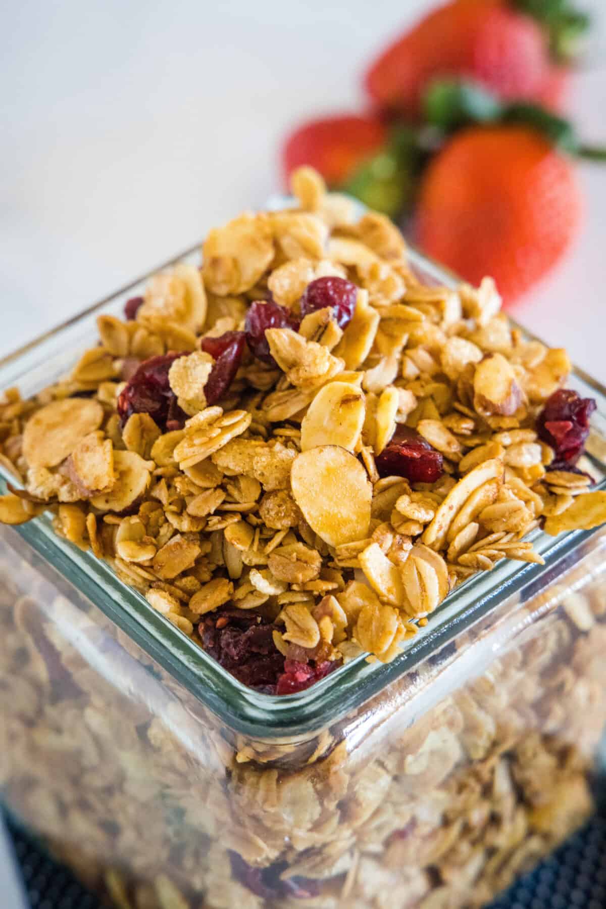 vanilla granola in a glass jar