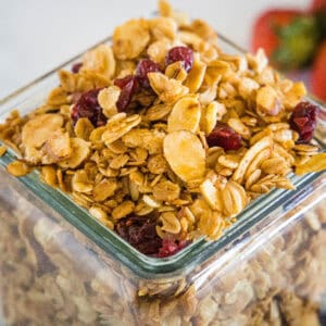 cropped close up vanilla granola in a jar