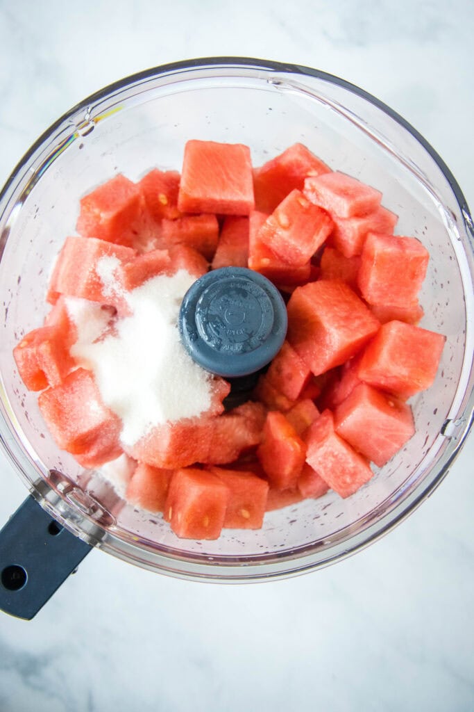 watermelon and sugar in food processor