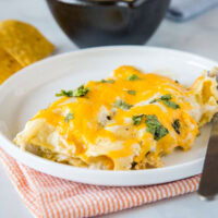 White Chicken Enchiladas - super easy sour cream chicken enchiladas that are made with lots of creamy and tangy sour cream for a delicious white sauce. They are cheesy, full of flavor and great for dinner anytime!