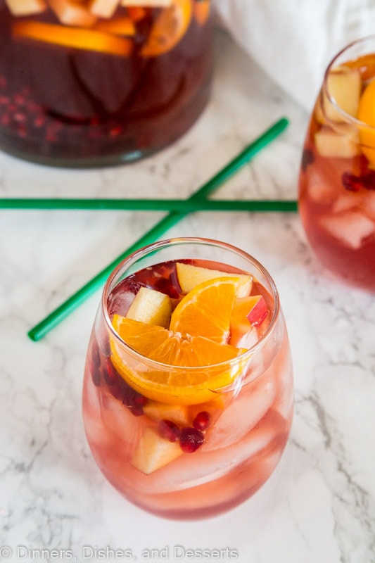 A glass of glass with Sangria and White wine