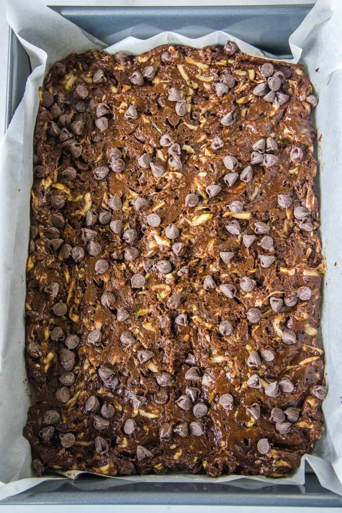 zucchini brownie batter in baking pan